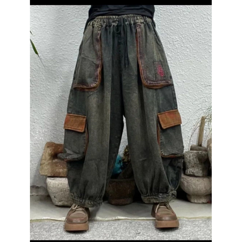 2025 vintage traperice s džepovima, harém kroj, patchwork, široke, do gležnja