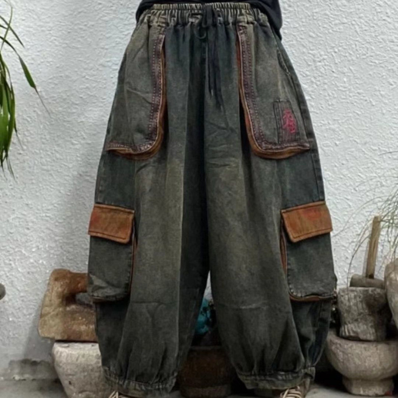 2025 vintage traperice s džepovima, harém kroj, patchwork, široke, do gležnja
