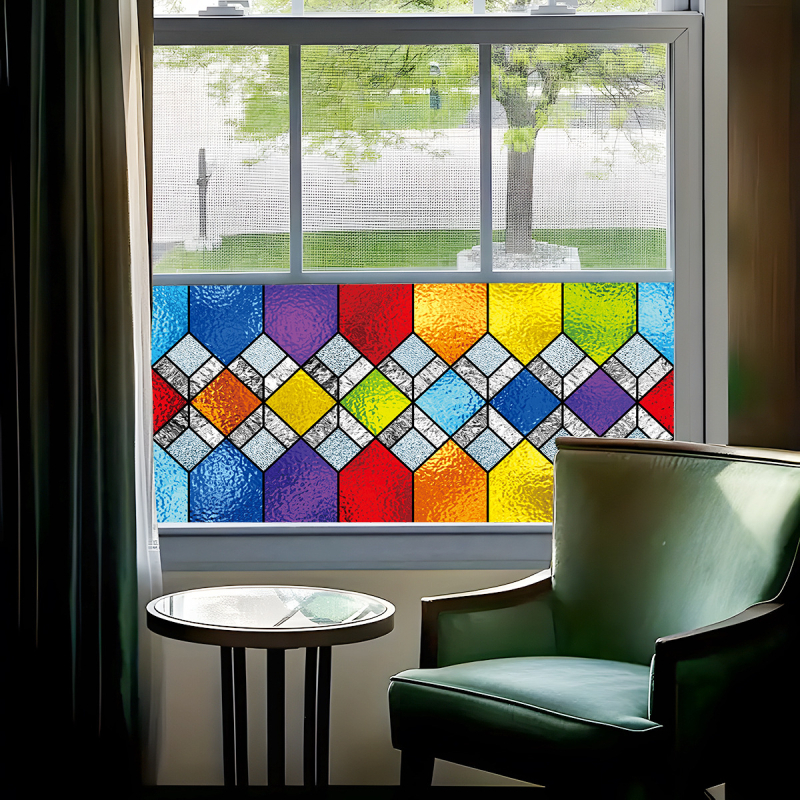 Spalvingas raštas kvadratinis saulės gaudytojas stiklo elektrostatinis adsorbcijos lipdukas lango elektrostatinis lipdukas AD36057 elektrostatinis UV