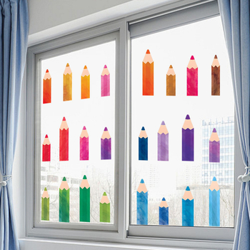 Koomiksivärviliste värvipliiatsitega aknakleebised, isekleepuvad seinakleebised, kunstistuudio toa ukse- ja aknakaunistamise kleebised