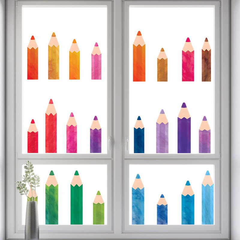 Koomiksivärviliste värvipliiatsitega aknakleebised, isekleepuvad seinakleebised, kunstistuudio toa ukse- ja aknakaunistamise kleebised