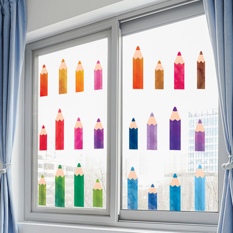 Koomiksivärviliste värvipliiatsitega aknakleebised, isekleepuvad seinakleebised, kunstistuudio toa ukse- ja aknakaunistamise kleebised