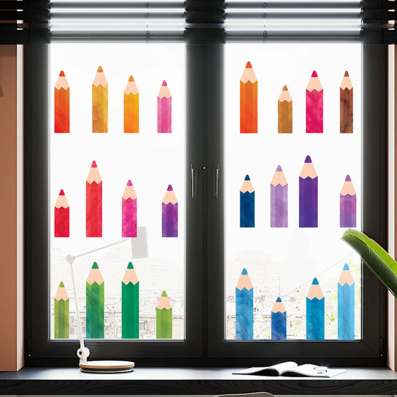 Koomiksivärviliste värvipliiatsitega aknakleebised, isekleepuvad seinakleebised, kunstistuudio toa ukse- ja aknakaunistamise kleebised