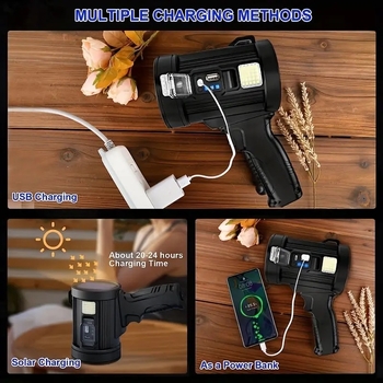 Διασυνοριακός φορητός προβολέας εξωτερικού χώρου με πλευρικό φως LED, κόκκινο και μπλε φλας, ηλιακός επαναφορτιζόμενος φορητός λαμπτήρας έκτακτης ανάγκης