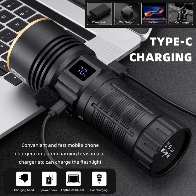 Lanternă cu LED-uri cu laser alb, afișaj digital transfrontalier, lumină puternică, reîncărcabilă, lanterna de urgență pentru exterior, cu rază lungă de acțiune X99
