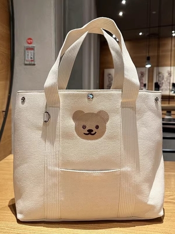 Vállra szerelhető múmiatáska, hímzett medvés vászon kézitáska, nagy kapacitású táska, anya-babatáska, kimenő tárolótáska