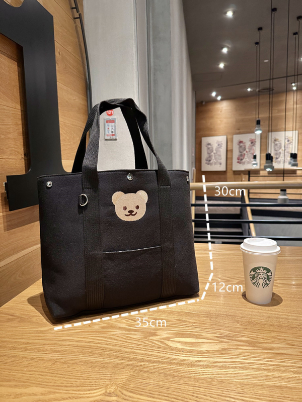 Vállra szerelhető múmiatáska, hímzett medvés vászon kézitáska, nagy kapacitású táska, anya-babatáska, kimenő tárolótáska