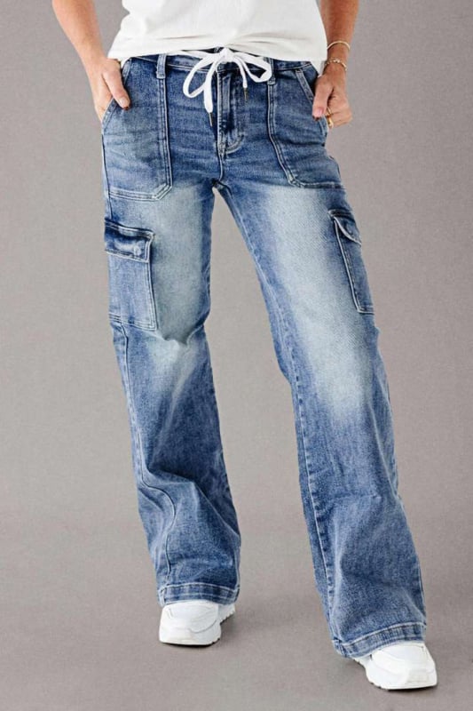 Налични европейски и американски трансгранични есенни 2025 нови дънки с връзки за жени, свободни прави ежедневни карго панталони, изпрани