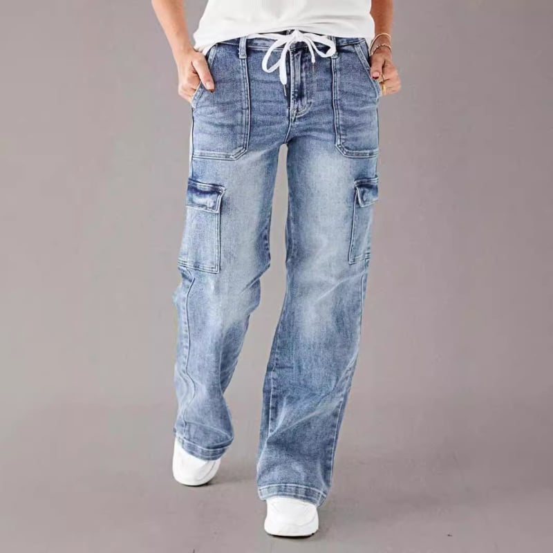 Налични европейски и американски трансгранични есенни 2025 нови дънки с връзки за жени, свободни прави ежедневни карго панталони, изпрани