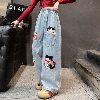 Puff Light armsad kutsikakleebisega teksad kevadel ja sügisel uued naiste lühikesed laiad jalad sirged püksid