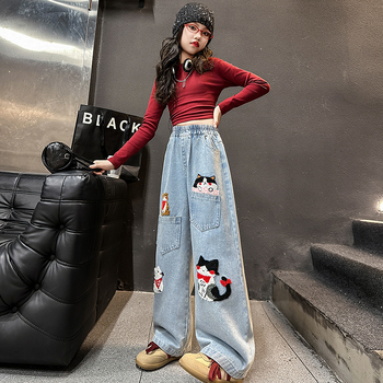 Puff Light armsad kutsikakleebisega teksad kevadel ja sügisel uued naiste lühikesed laiad jalad sirged püksid