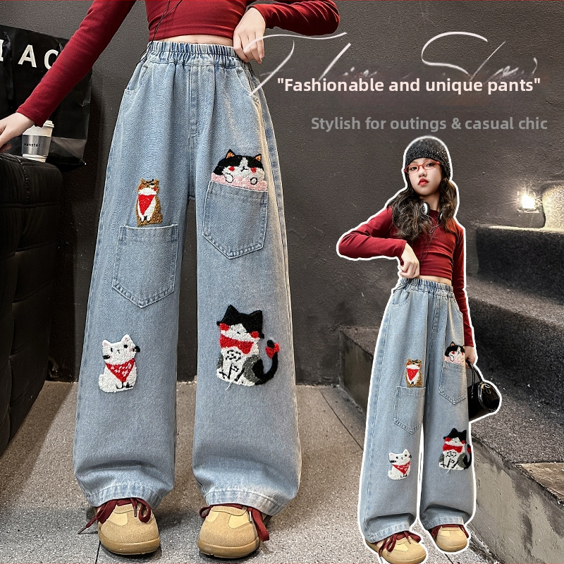 Дамски къси, широки, прави панталони Puff Light Cute Puppy Sticker Jeans, пролетни и есенни