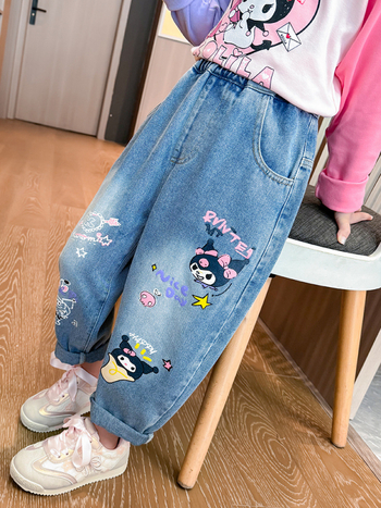 Tüdrukute Kulomi teksad kevad ja sügis 2024 uue stiili tüdrukute lääne stiilis multifilmi stiilis vabaajapüksid laste Korea stiilis laiad püksid