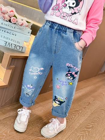 Tüdrukute Kulomi teksad kevad ja sügis 2024 uue stiili tüdrukute lääne stiilis multifilmi stiilis vabaajapüksid laste Korea stiilis laiad püksid