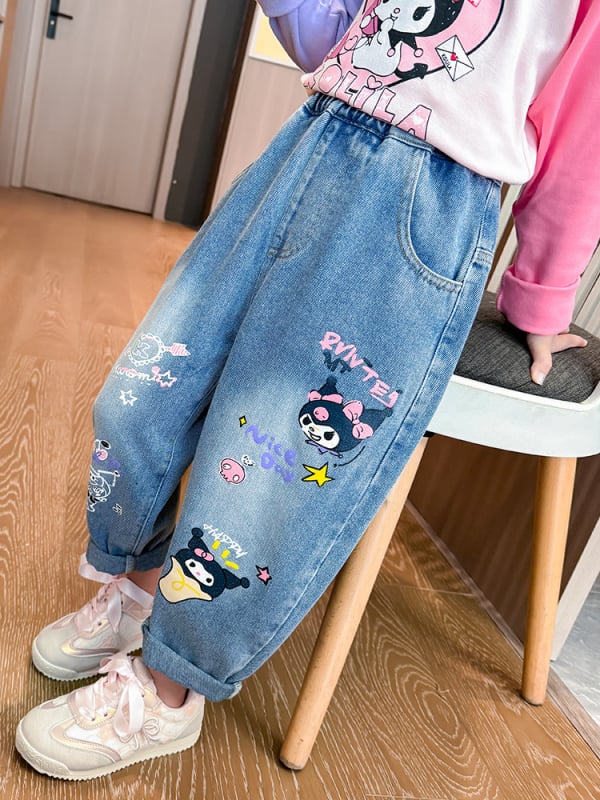 Blugi Kulomi pentru fete, primăvara și toamna 2024, stil nou, pantaloni casual cu desene animate, stil occidental, pantaloni largi pentru copii, stil coreean
