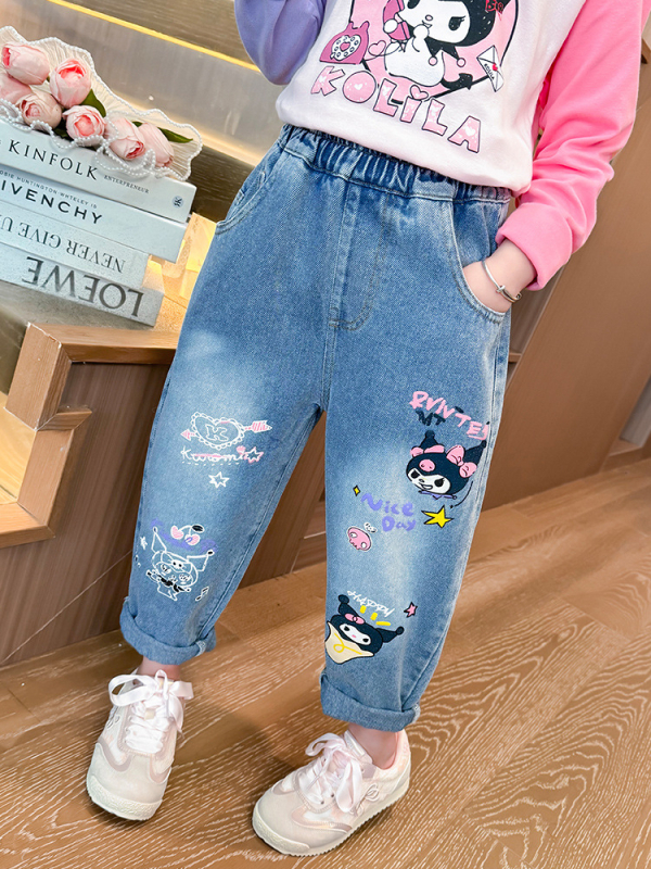 Tüdrukute Kulomi teksad kevad ja sügis 2024 uue stiili tüdrukute lääne stiilis multifilmi stiilis vabaajapüksid laste Korea stiilis laiad püksid