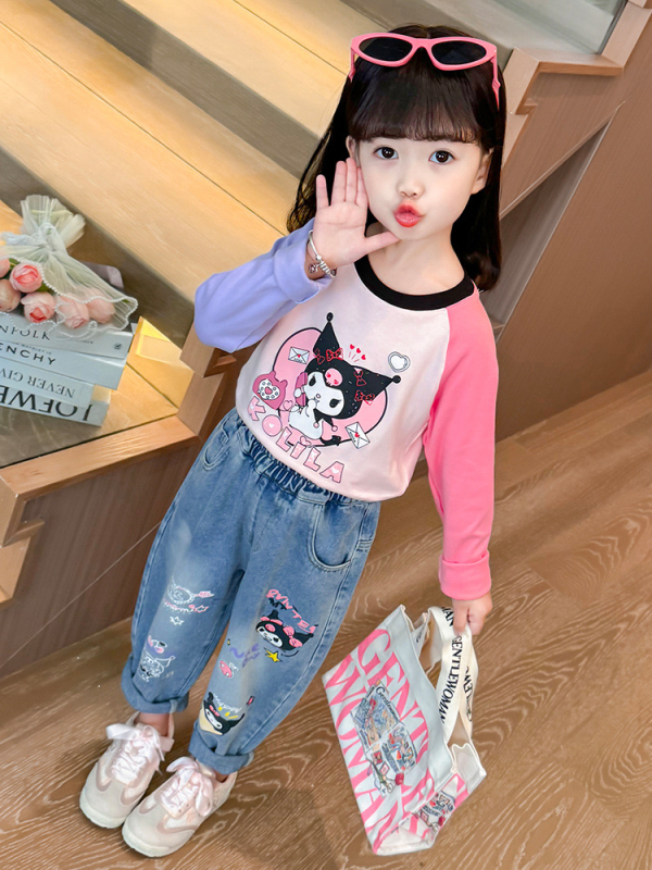 Tüdrukute Kulomi teksad kevad ja sügis 2024 uue stiili tüdrukute lääne stiilis multifilmi stiilis vabaajapüksid laste Korea stiilis laiad püksid