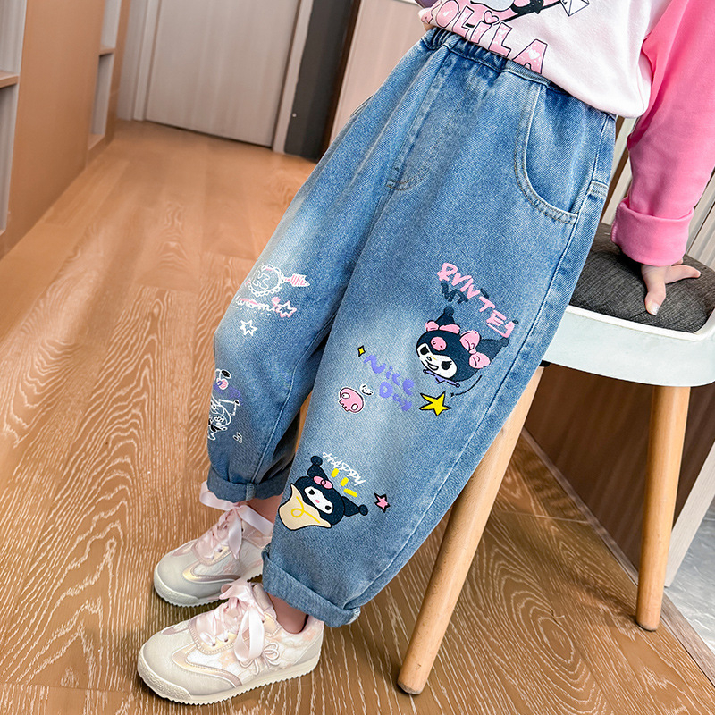 Tüdrukute Kulomi teksad kevad ja sügis 2024 uue stiili tüdrukute lääne stiilis multifilmi stiilis vabaajapüksid laste Korea stiilis laiad püksid