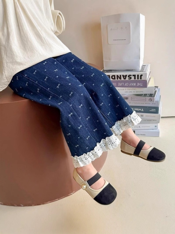 Mergaičių kelnės 2025 m. pavasario ir rudens kolekcijos Naujos vaikiškos vesterno stiliaus vaikiškos pavasarinės aprangos džinsai Mergaičių pavasarinės tiesaus kirpimo kelnės