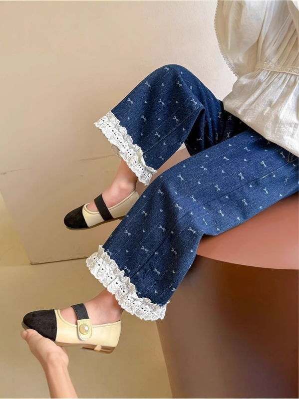 Mergaičių kelnės 2025 m. pavasario ir rudens kolekcijos Naujos vaikiškos vesterno stiliaus vaikiškos pavasarinės aprangos džinsai Mergaičių pavasarinės tiesaus kirpimo kelnės