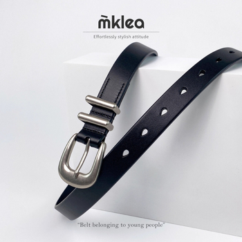 MKLEA felső rétegű marhabőr Millennium öv, régi ezüst tűs csattal, amerikai stílusú férfi és női fekete vintage öv, minden mérkőzésre alkalmas