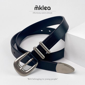 MKLEA felső rétegű marhabőr Millennium öv, régi ezüst tűs csattal, amerikai stílusú férfi és női fekete vintage öv, minden mérkőzésre alkalmas