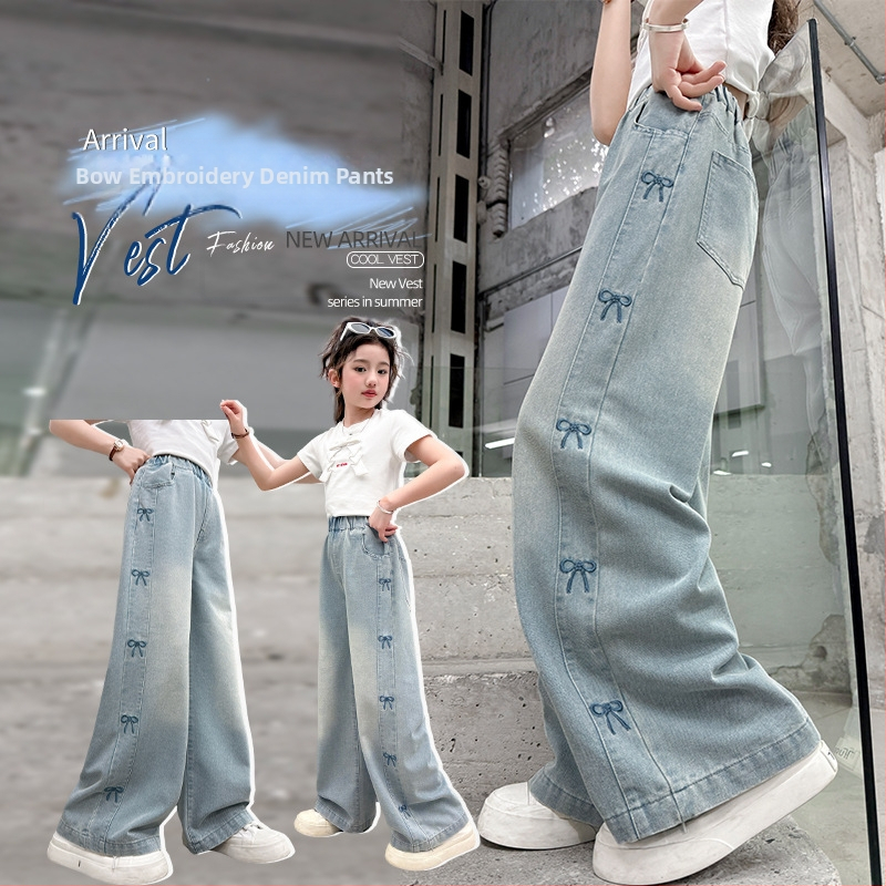 Τζιν για κορίτσια Crossborder Καλοκαίρι 2025 Νέο παντελόνι Western στυλ για κορίτσια με φαρδιά μπατζάκια, casual ίσια παντελόνια