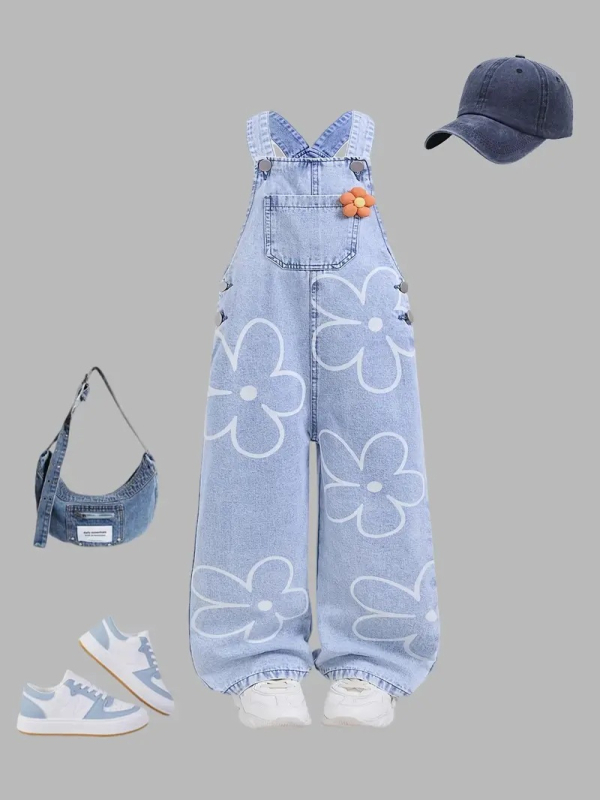 „Amazon“ ir „Aliexpress“ paauglėms mergaitėms siūlo išskirtinai aukštos kokybės margintus plačius džinsinius kombinezonus su gėlių raštais.