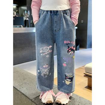 Tüdrukute Kulomi teksad kevad 2025 uued laste Korea kevad- ja sügisbeebitüdrukute sirge säärega pikad püksid