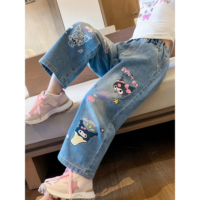 Tüdrukute Kulomi teksad kevad 2025 uued laste Korea kevad- ja sügisbeebitüdrukute sirge säärega pikad püksid