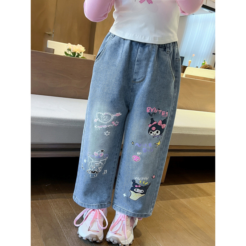 Tüdrukute Kulomi teksad kevad 2025 uued laste Korea kevad- ja sügisbeebitüdrukute sirge säärega pikad püksid