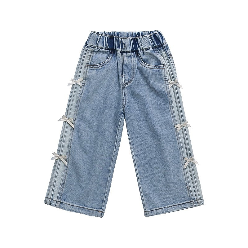 Blugi pentru fete, primăvara și toamna 2025, pantaloni drepți pentru copii, primăvara, ținută de primăvară, pantaloni cu picior larg și fundă
