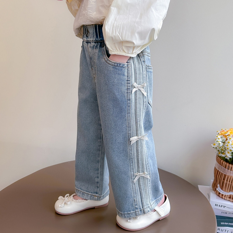 Blugi pentru fete, primăvara și toamna 2025, pantaloni drepți pentru copii, primăvara, ținută de primăvară, pantaloni cu picior larg și fundă