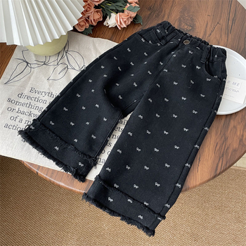 Κορεάτικο στυλ Φθινόπωρο και Χειμώνας Παιδικό Παντελόνι με Φιόγκο και Στάμπα από Βελούδο, Ίσιο Παντελόνι 2024