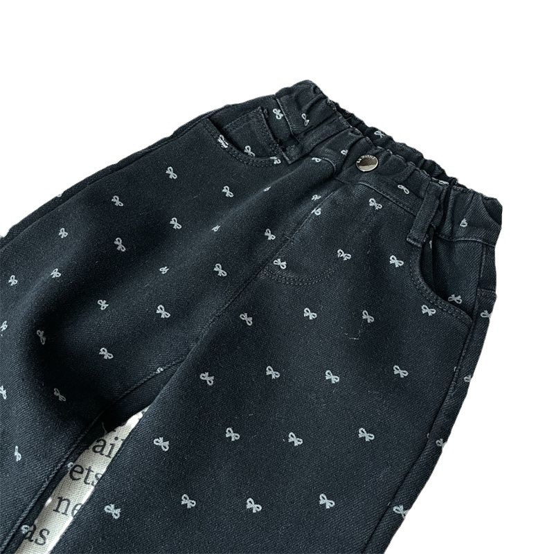 Stil coreean pentru fete, toamna și iarna, pentru copii, cu funde imprimate, dintr-o bucată, blugi de catifea, pantaloni drepți, 2024, noi
