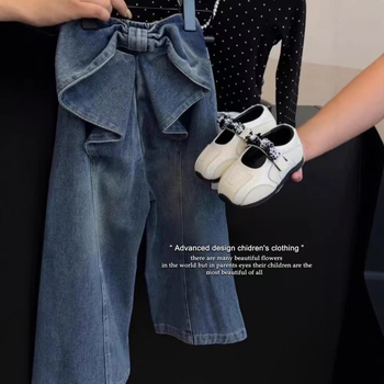 Lányka bő nadrág több zsebbel, rugalmas derékkal, széles szárú farmer, 2025 nyári új stílus, masnis farmer hosszú nadrág