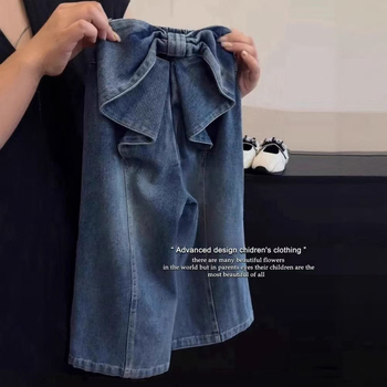 Ριχτό παντελόνι για κορίτσια με πολλαπλές τσέπες, ελαστική μέση, τζιν με φαρδιά μπατζάκια, νέο στυλ καλοκαιριού 2025, μακρύ παντελόνι τζιν με φιόγκο