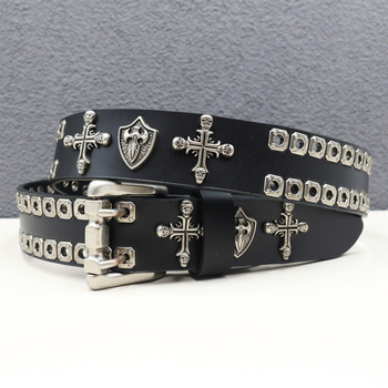 Originalni remen od prave kože, personalizirani križ s lubanjom i štitom, zakovicama od kravlje kože, izrezani remen s zakovicama