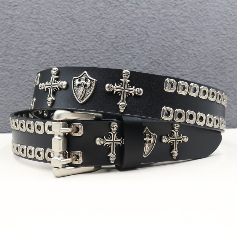 Originalni remen od prave kože, personalizirani križ s lubanjom i štitom, zakovicama od kravlje kože, izrezani remen s zakovicama