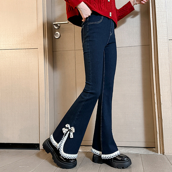 Παιδικό τζιν με δαντέλα και καμπάνα, φθινοπωρινή εφαρμογή, ελαστικό, με μπότες για κορίτσια, μεσαίου και μεγάλου μεγέθους, για παιδιά, άνοιξη και φθινόπωρο