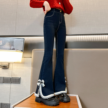 Παιδικό τζιν με δαντέλα και καμπάνα, φθινοπωρινή εφαρμογή, ελαστικό, με μπότες για κορίτσια, μεσαίου και μεγάλου μεγέθους, για παιδιά, άνοιξη και φθινόπωρο