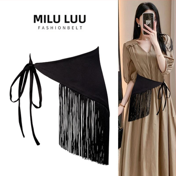 [Δωρεάν αποστολή] Γυναικείο διακοσμητικό πουκάμισο με μαύρη σφραγίδα μέσης, ζώνη μέσης, τριγωνική πετσέτα υψηλής ποιότητας με φούντα