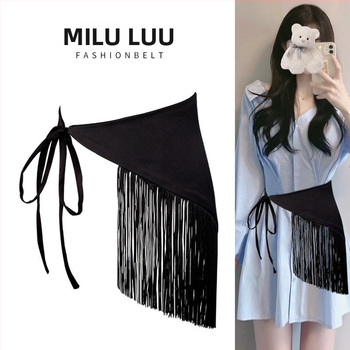 [Δωρεάν αποστολή] Γυναικείο διακοσμητικό πουκάμισο με μαύρη σφραγίδα μέσης, ζώνη μέσης, τριγωνική πετσέτα υψηλής ποιότητας με φούντα