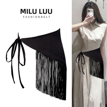 [Δωρεάν αποστολή] Γυναικείο διακοσμητικό πουκάμισο με μαύρη σφραγίδα μέσης, ζώνη μέσης, τριγωνική πετσέτα υψηλής ποιότητας με φούντα