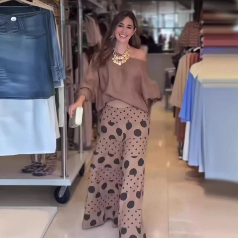 Costum de vară 2024, nou, european și american, Amazon, la modă transfrontalieră, cu guler înclinat, cu umăr gol, talie înaltă, casual, cu imprimeu, pantaloni, pentru femei