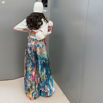 Ρετρό πολύχρωμο ψηλόμεσο παντελόνι για κορίτσια σε αμερικανικό στιλ, άνοιξη και φθινόπωρο 2025, νέα άφιξη, παντελόνι γερανού σε στυλ ζωγραφικής με λάδι για μικρά κορίτσια