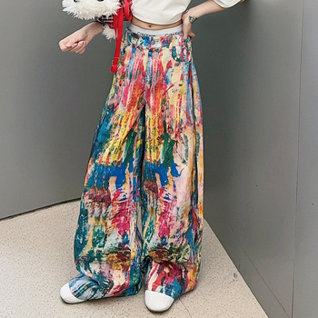 Ρετρό πολύχρωμο ψηλόμεσο παντελόνι για κορίτσια σε αμερικανικό στιλ, άνοιξη και φθινόπωρο 2025, νέα άφιξη, παντελόνι γερανού σε στυλ ζωγραφικής με λάδι για μικρά κορίτσια