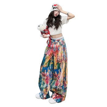 Ρετρό πολύχρωμο ψηλόμεσο παντελόνι για κορίτσια σε αμερικανικό στιλ, άνοιξη και φθινόπωρο 2025, νέα άφιξη, παντελόνι γερανού σε στυλ ζωγραφικής με λάδι για μικρά κορίτσια