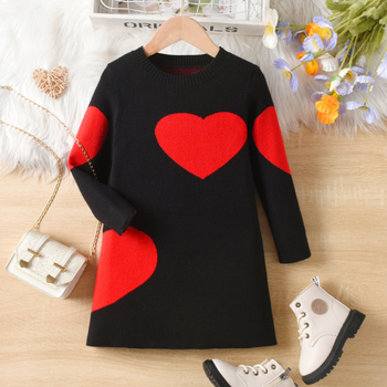 Πλεκτό φόρεμα για κορίτσια 2024 Φθινόπωρο και Χειμώνας Νέο Μεγάλο Παιδικό Love Φούστα με Στρογγυλή Λαιμόκοψη Παιδικό Φόρεμα Πουλόβερ σε Ξένο Στυλ