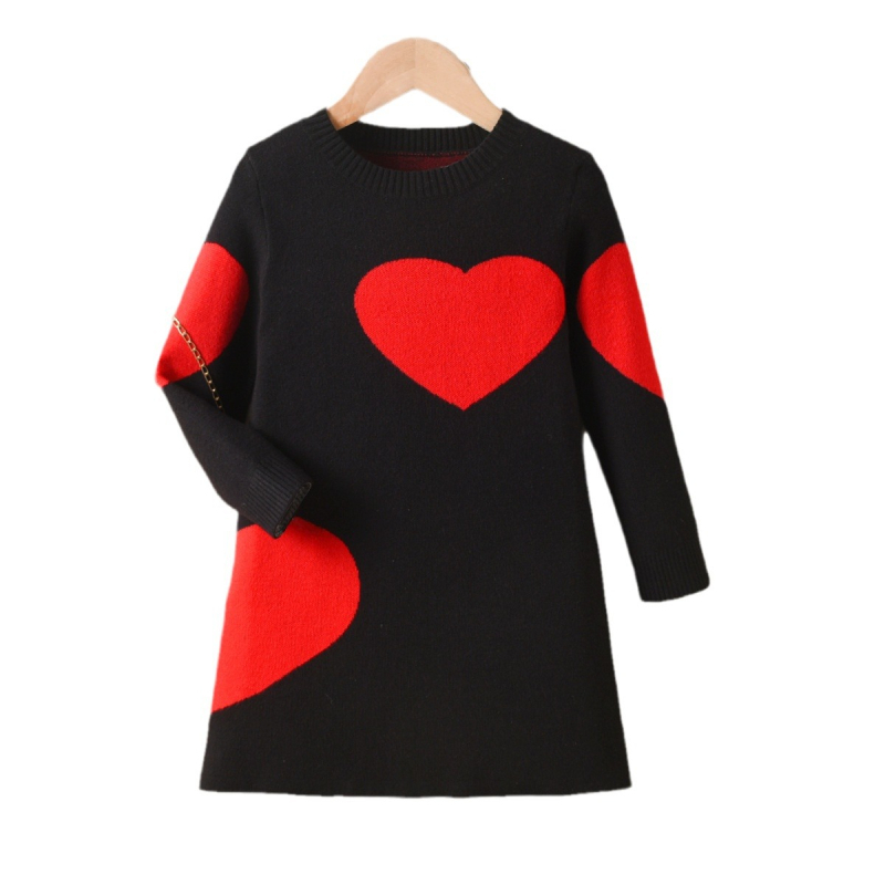 Meiteņu adīta kleita 2024. gada rudens un ziemas jaunā lielo bērnu mīlestība apaļa kakla svārki ārzemju stila bērnu džemperkleita